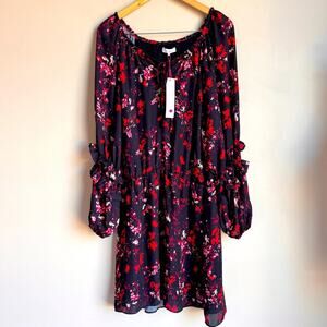 PARKER NY Floral Flowy Flouse Knee Length Pink Red Black Dress NWT Large Stretch